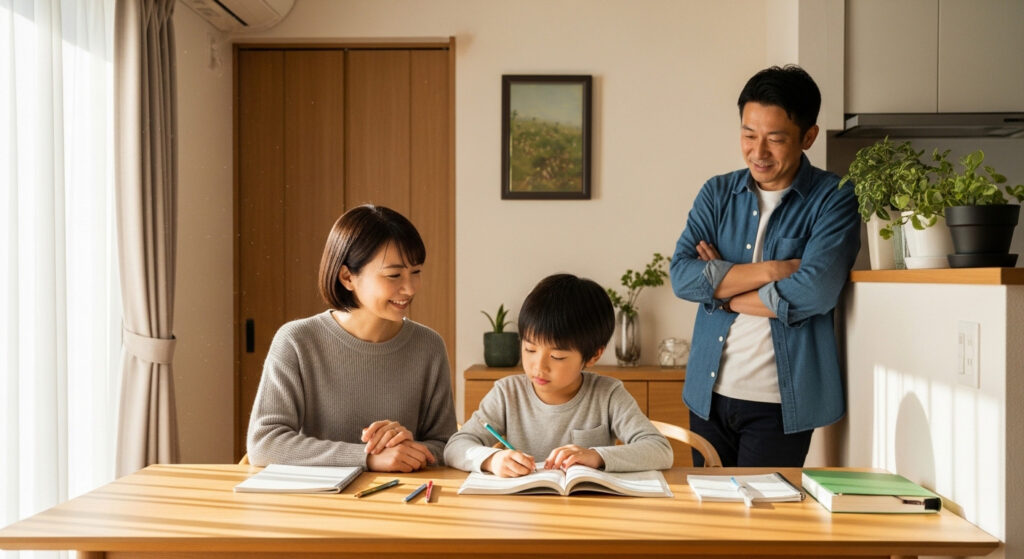 小学生の勉強を見守る夫婦