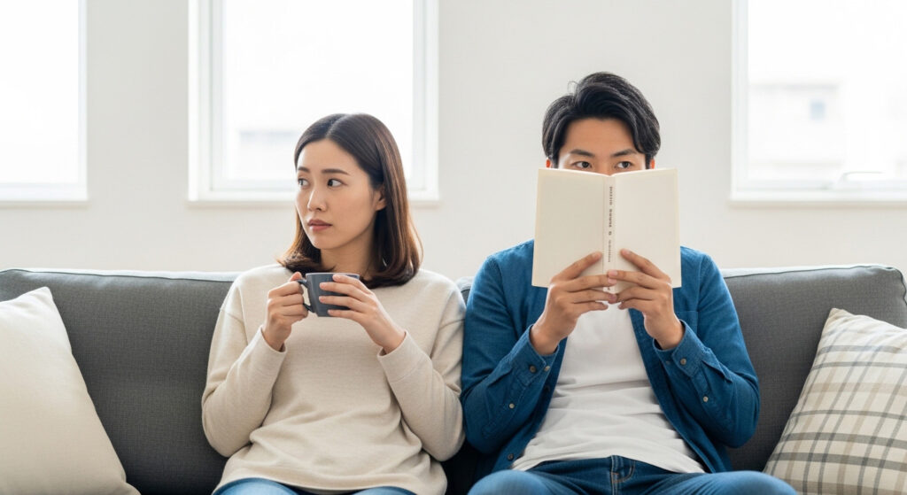 リビングで周りを伺う夫婦