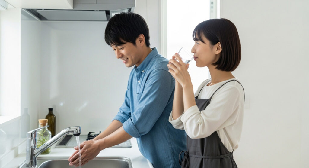 ちょっとキッチン狭かったねと笑い合う夫婦