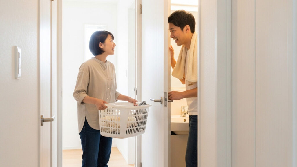 出会い頭にぶつかりそうになってちょっと笑っちゃう夫婦