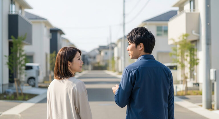 建売住宅の周辺を散策する夫婦
