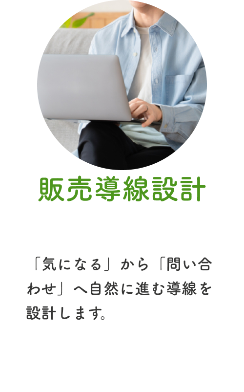 販売導線設計:「気になる」から「問い合わせ」へ自然に進む導線を設計します。